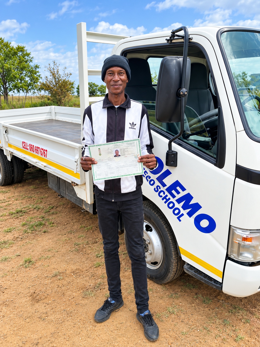 O Molemo graduate holding a driver licence next to the school vehicle