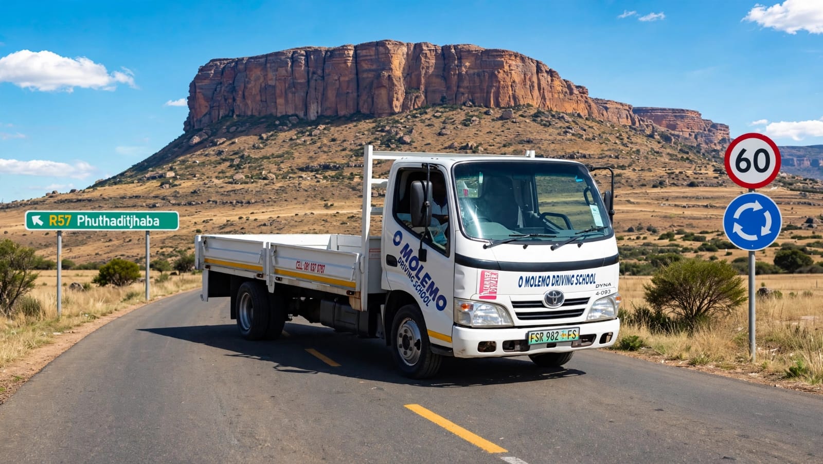 O Molemo Driving School Toyota Dyna training truck on the R57 in Phuthaditjhaba